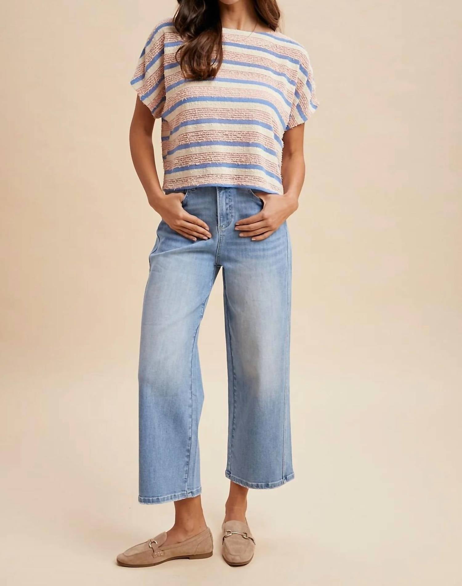 Anniewear - Tweed Texture Striped Crop Knit Top