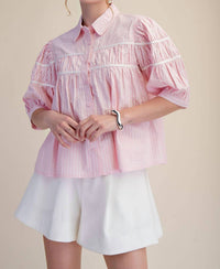 Glam - Puff Sleeve Contrast Detail Stripe Shirt Top