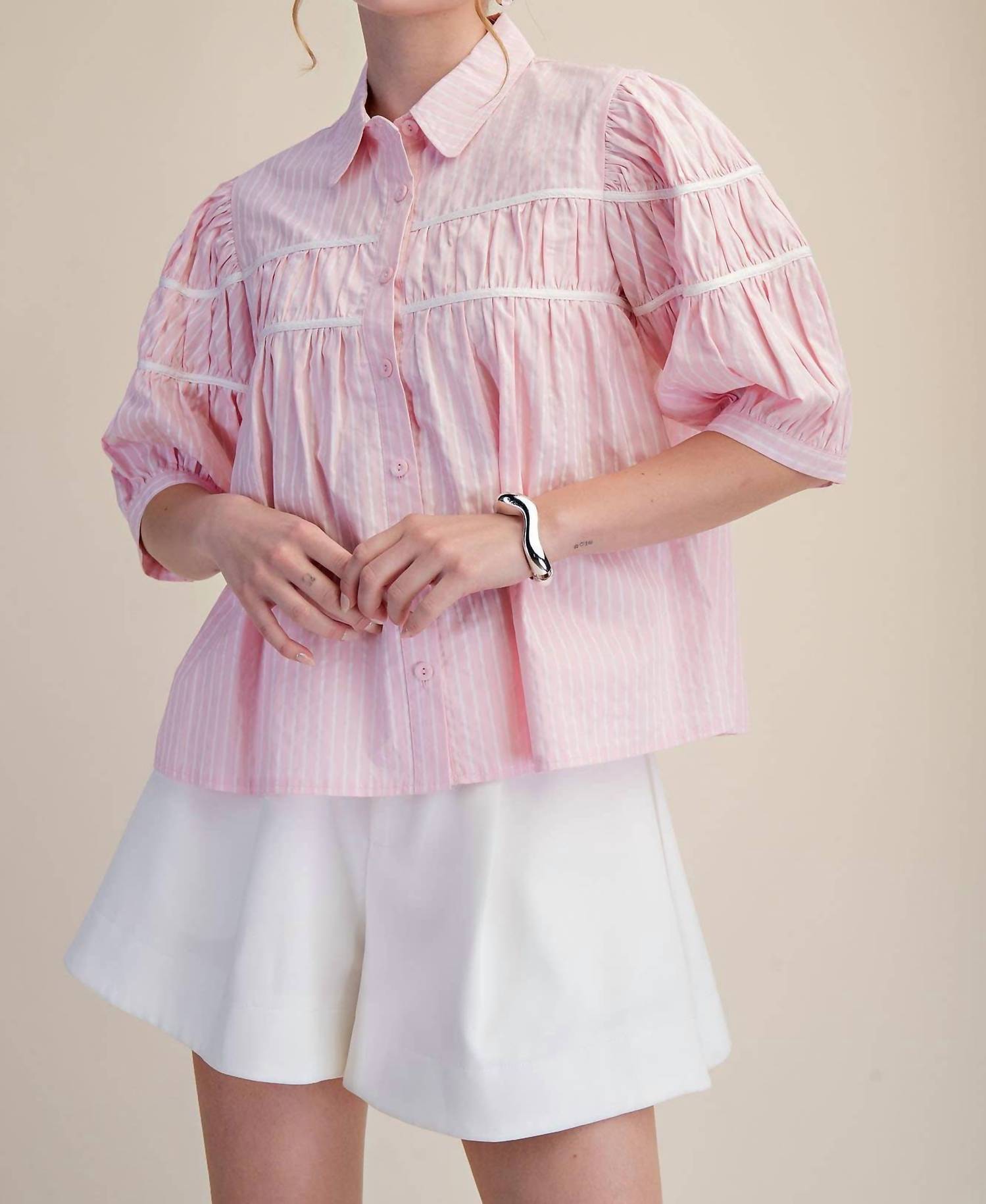 Glam - Puff Sleeve Contrast Detail Stripe Shirt Top