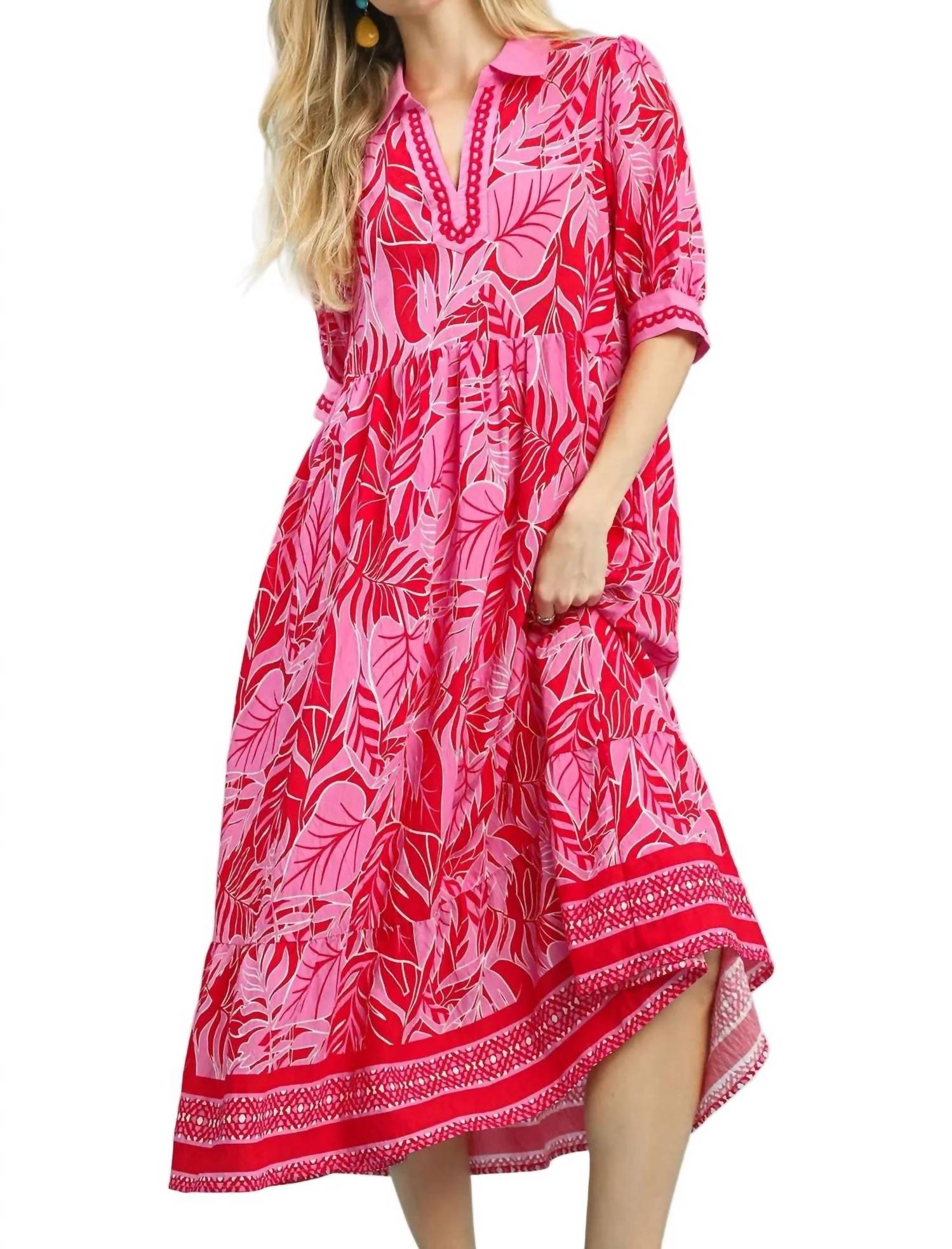 Umgee - Leafy Border Print Midi Dress