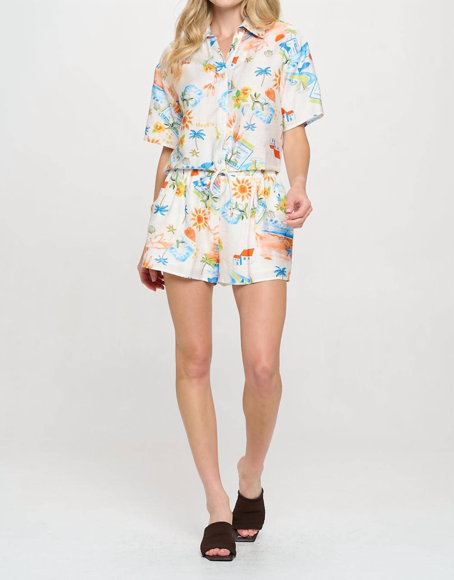 Meet Me in Santorini Mediterranean Daydream Shirt And Shorts Set in santorini mediterranean daydream shirt and shorts set in white multi - women's sleepwear - view 6