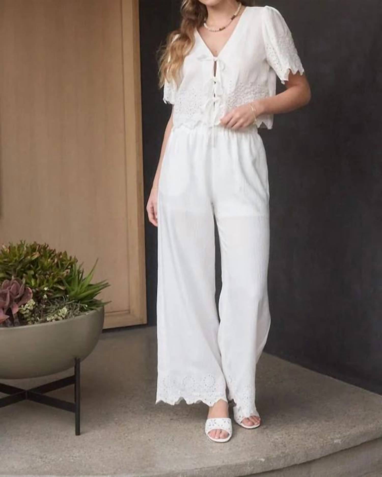 By The River Eyelet Bow Pant Set in white - women's sleepwear