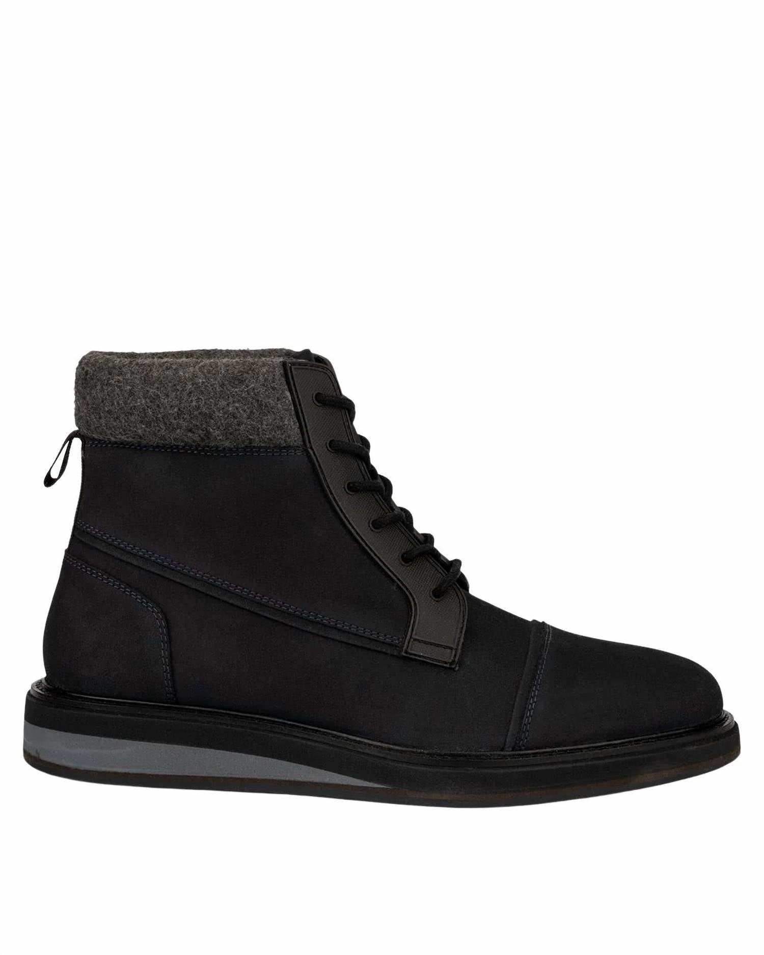 Vintage Foundry Co. Men's Stone Boots With Faux Fur Trim in black - men's boots - detail view