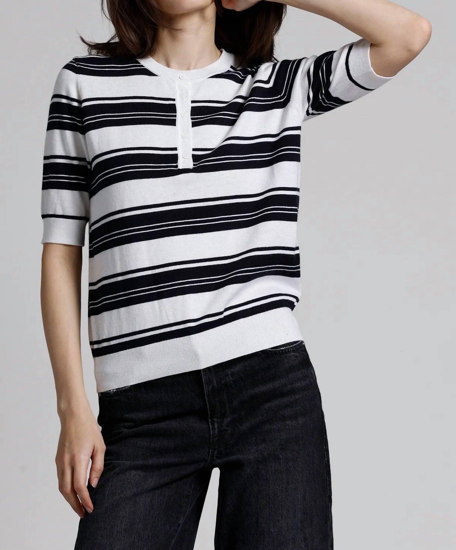 Minnie Rose - Striped Short Sleeve Henley Shirt