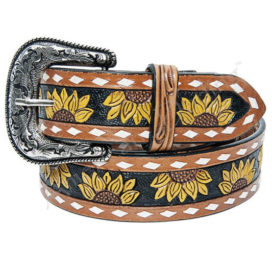 American Darling - Woman’s Sunflower White Buckstitch Leather Belt