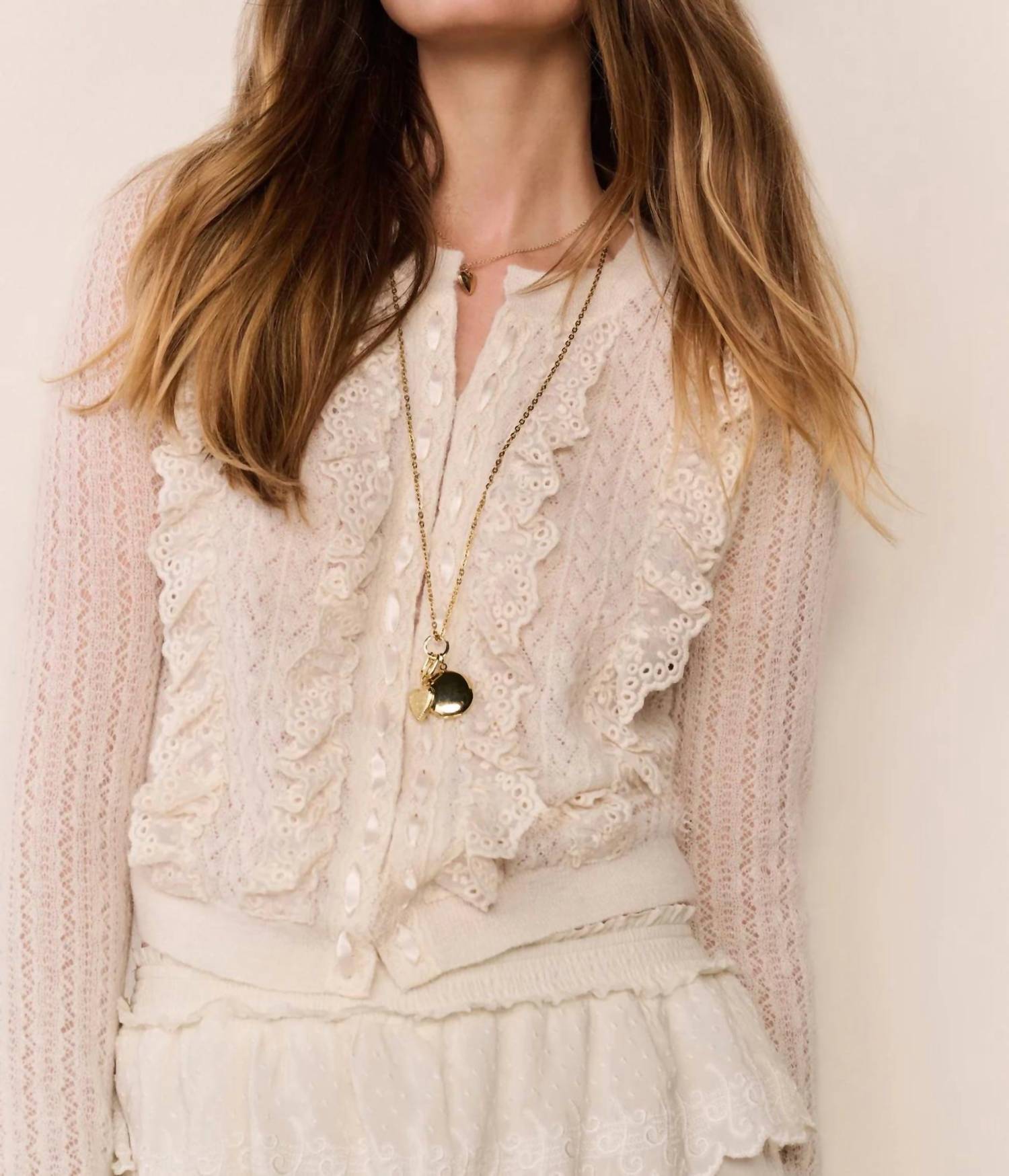 LoveShackFancy Melisse Eyelet Ruffle Cardigan in aspen white 1 - women's cardigan - alternate view