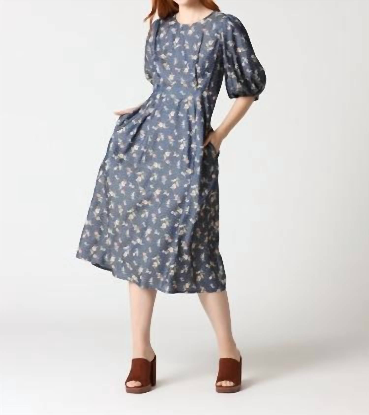 Gracia - Floral Print Puff Sleeve Round Neck Long Dress