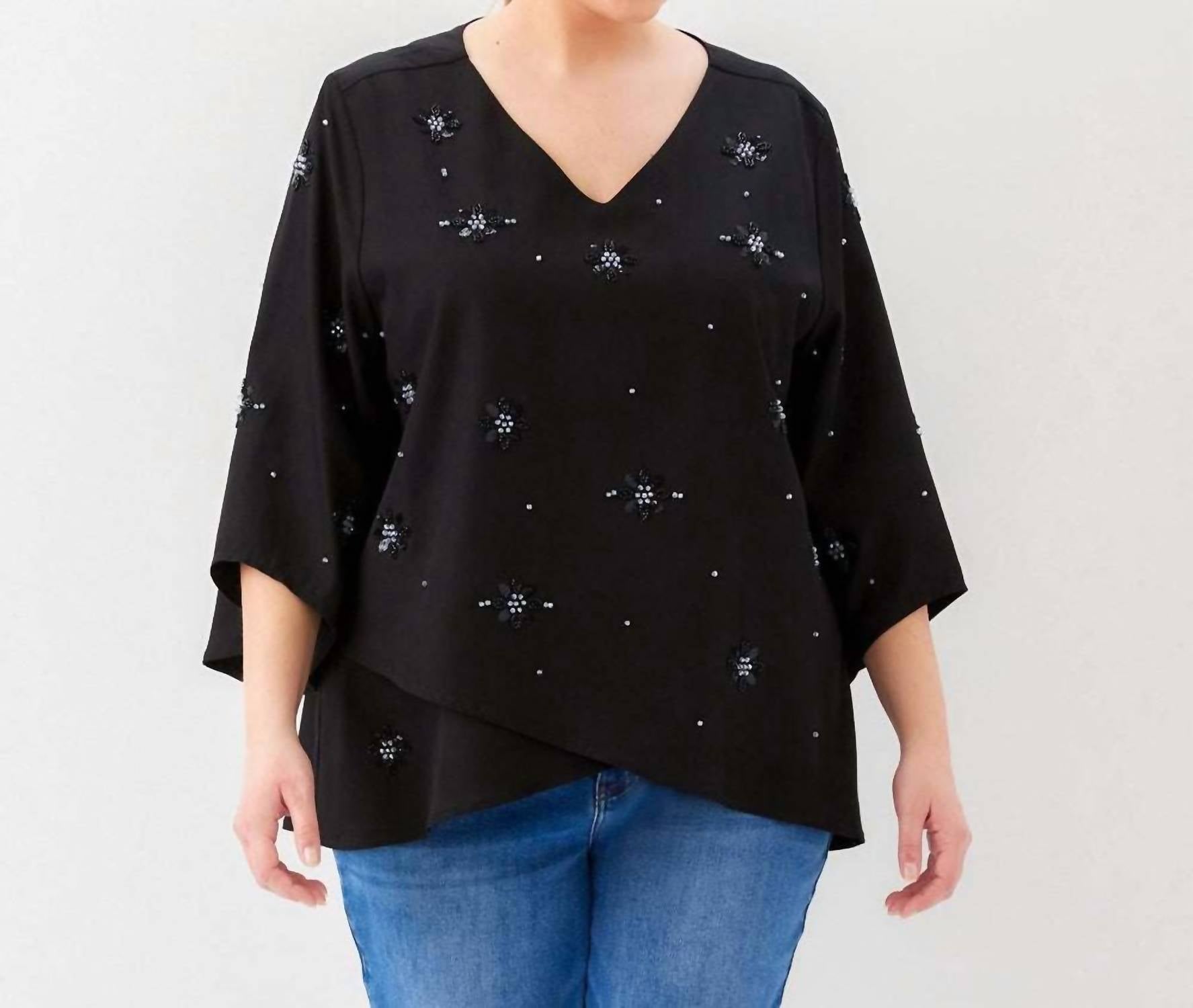 Karen Kane - Bracelet Sleeve Embellished Asymmetric Top - Plus