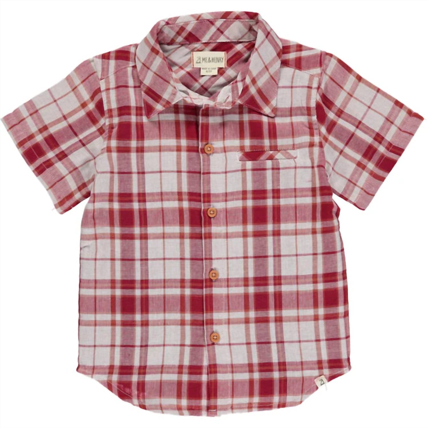 ME & HENRY Kid's Newport Plaid Woven Shirt in red - kids' shirt - detail view