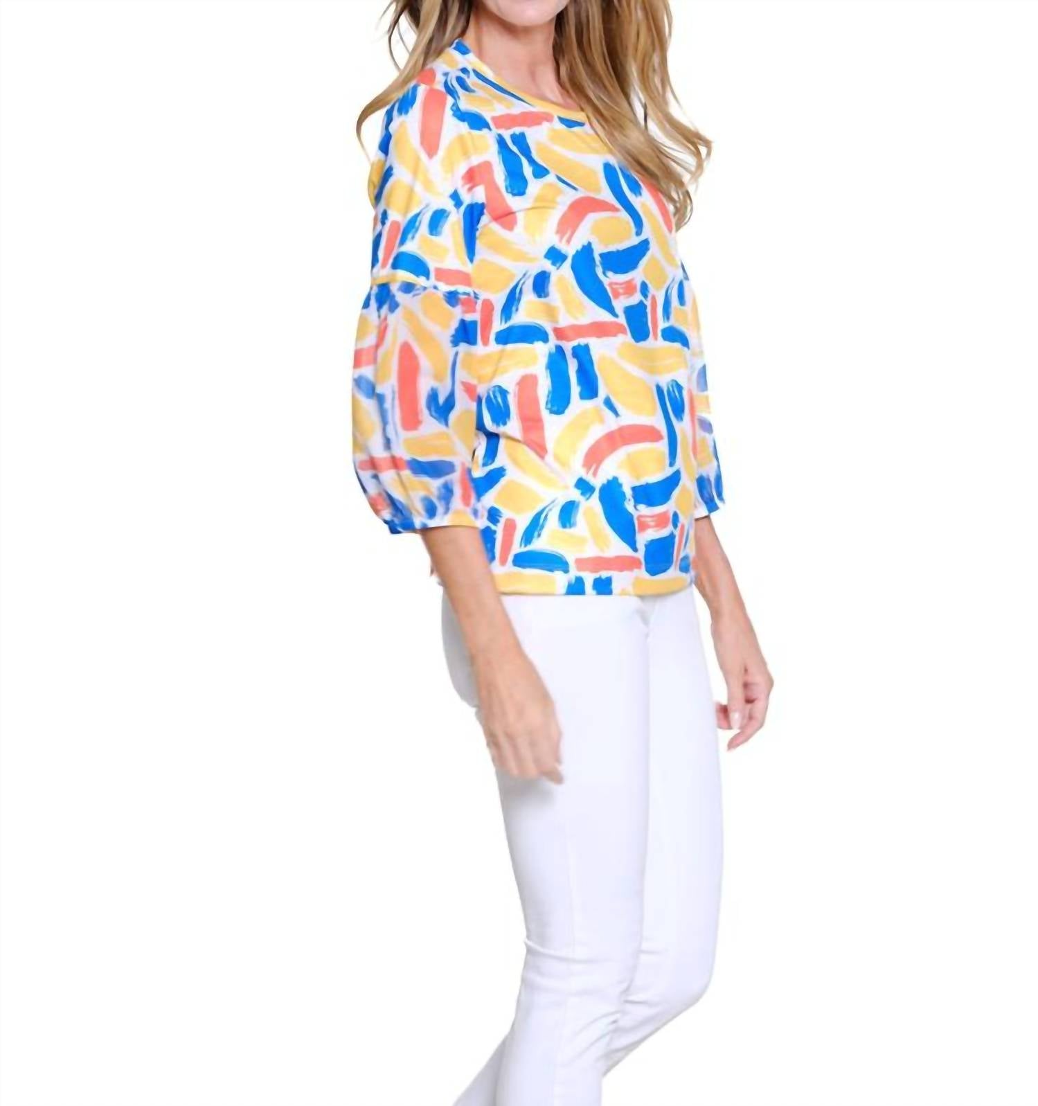 Multiples - Sunny Brushstroke Lantern Sleeve Top