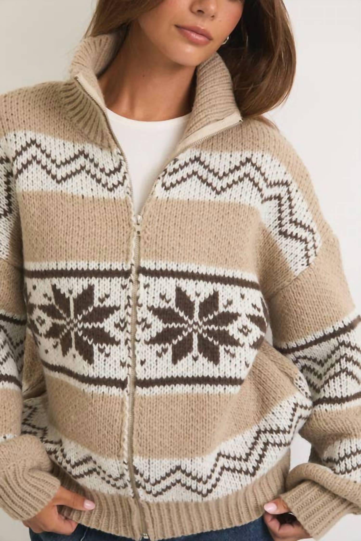 LE LIS Collared Fair Isle Knit Jacket in beige - women's jacket - view 6