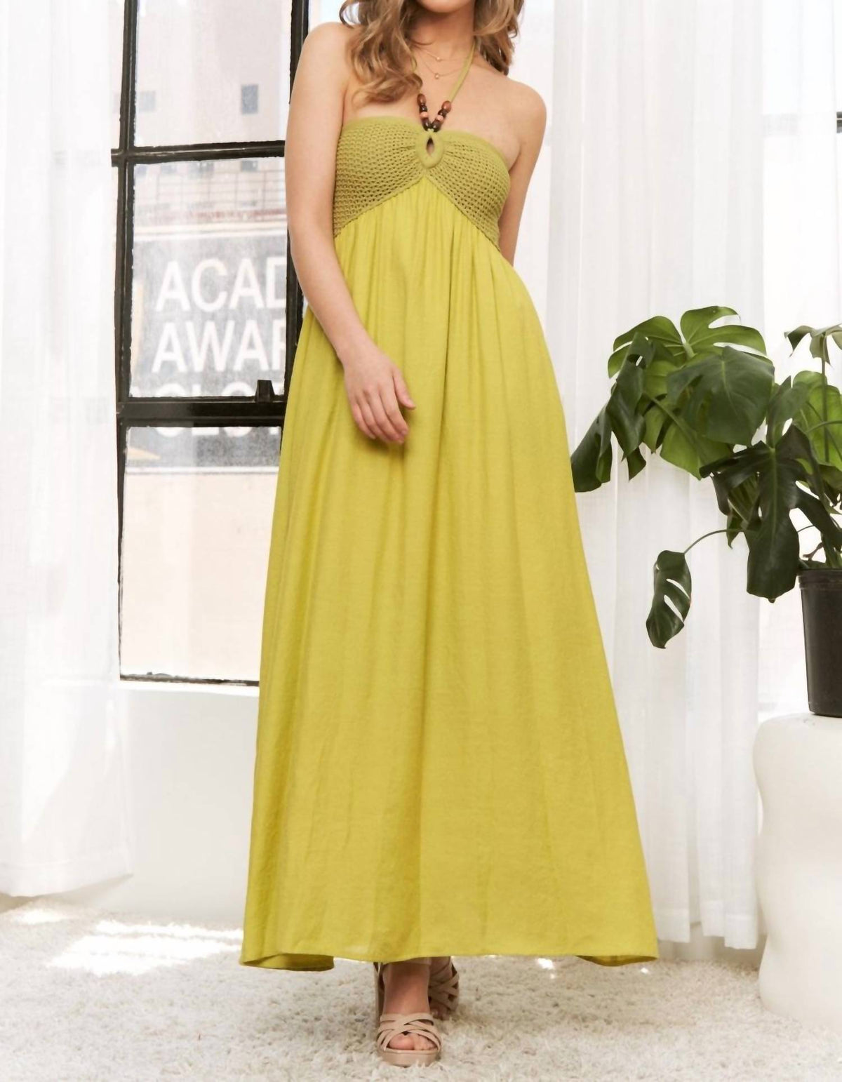 Sweet Generis - Crochet Contrast Beaded Halter Neck Maxi Dress