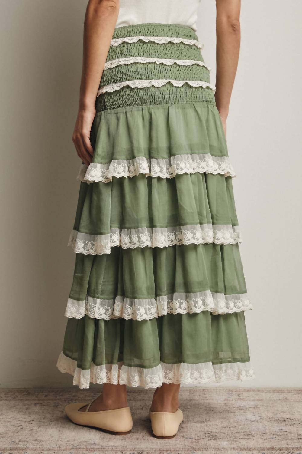 Forte - Smocked Lace Trim Two-Way Midi Dress Skirt