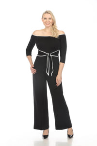 Joseph Ribkoff - Contrast Trim Off-shoulder Wide Leg Jumpsuit