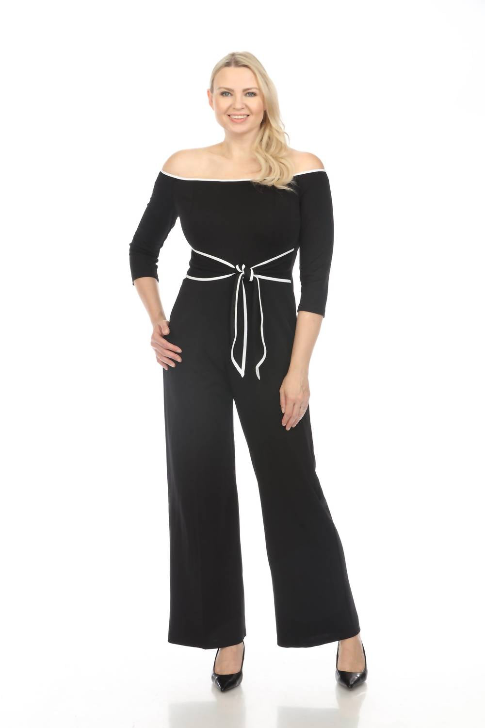 Joseph Ribkoff - Contrast Trim Off-shoulder Wide Leg Jumpsuit