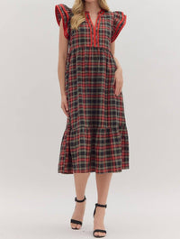 Entro - Plaid Flutter Sleeved Midi Dress