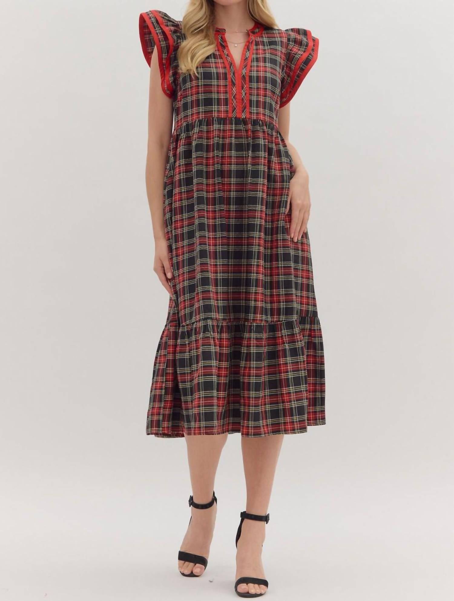 Entro - Plaid Flutter Sleeved Midi Dress