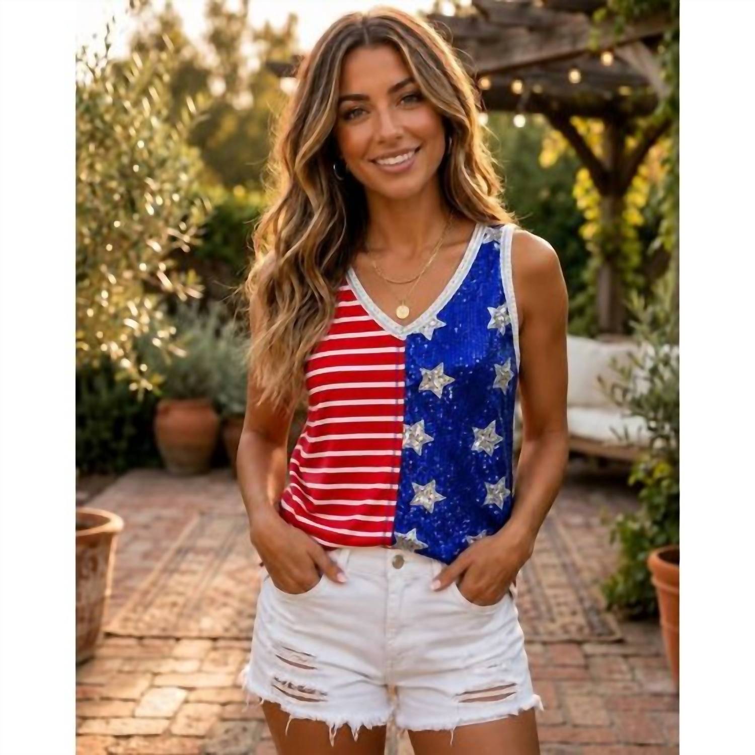 Your Fashion Wholesale - God Bless America Sequin Star Tank Top