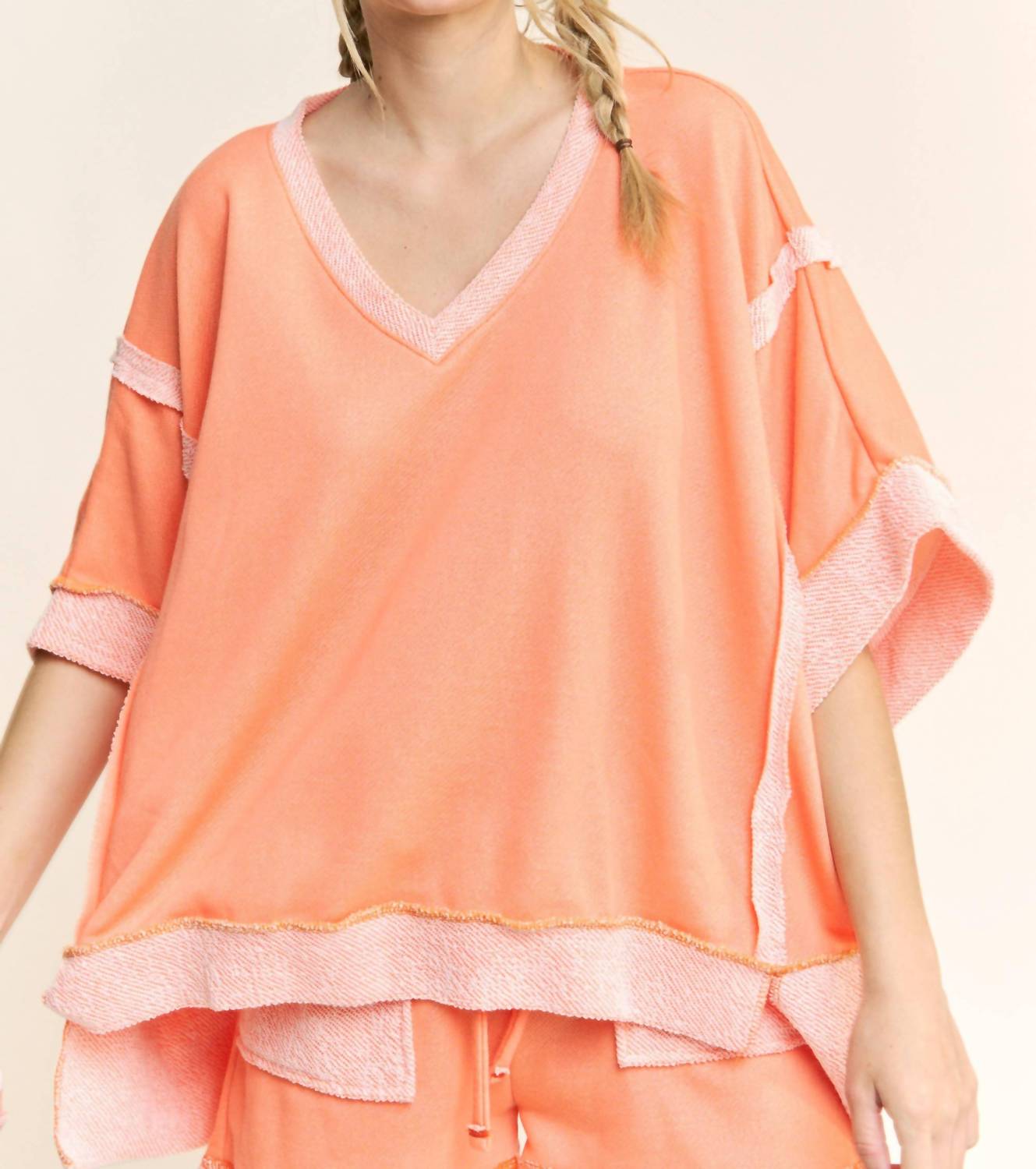 J.Her - Loopterry V-neck Relaxed Fit Half Sleeve Top