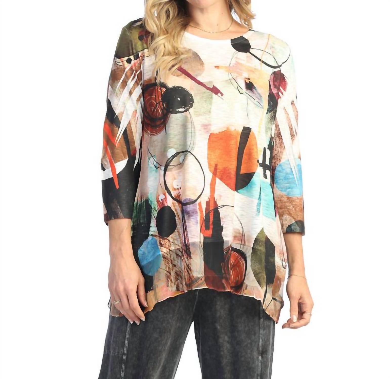 Jess & Jane - Abstract 3/4 Sleeve Chiffon Trim Hem Top