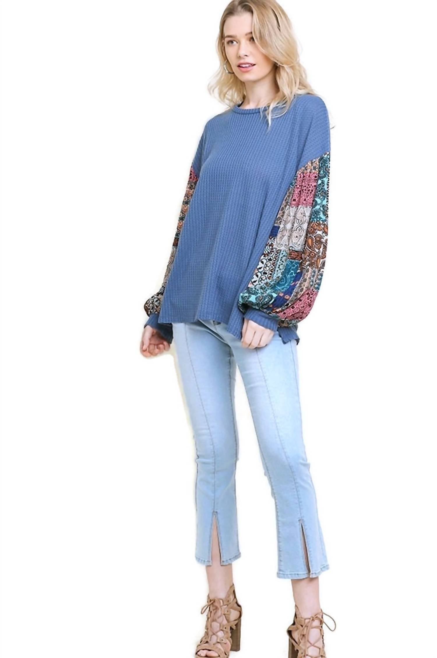 Umgee - Paisley Print Waffle Knit Top