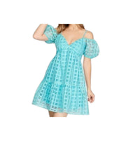 SHE + SKY Puff Sleeve Checker Organza Dress in light blue - women's dress - detail view
