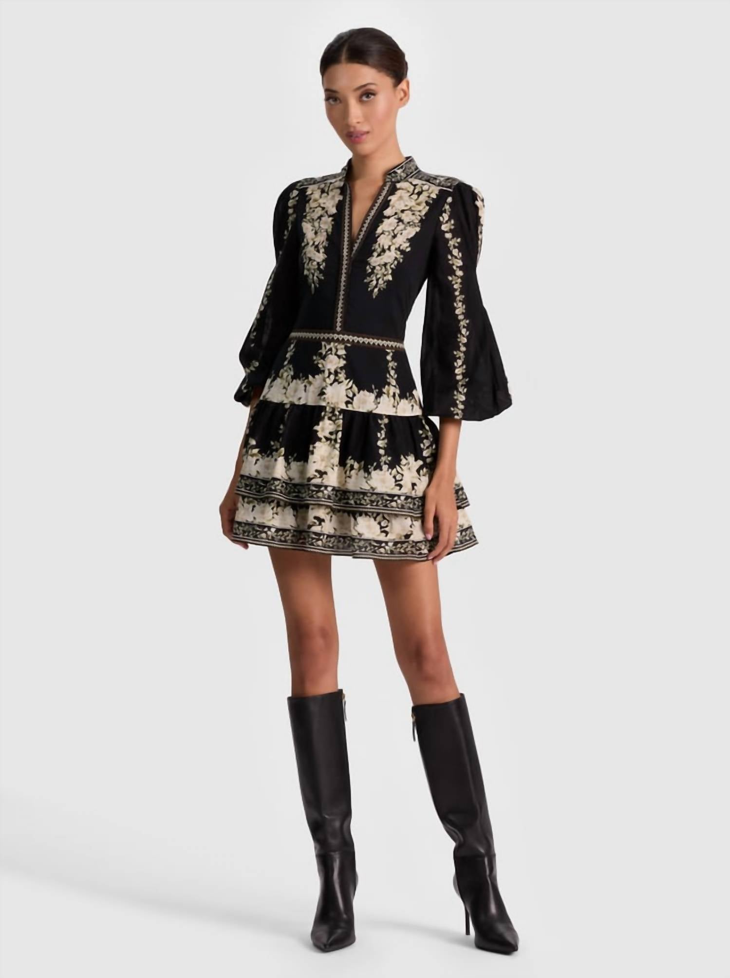Alice + Olivia - Valencia Deep V Long Sleeve Mini Dress