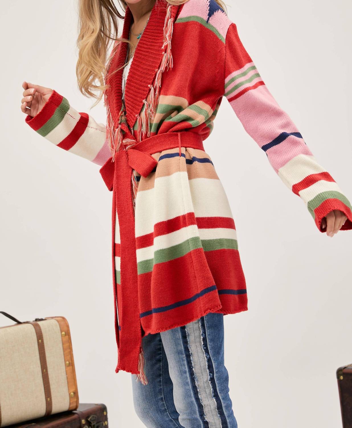 Davi & Dani - Fringe Trim Waist Tie Belt Striped Cardigan - Plus