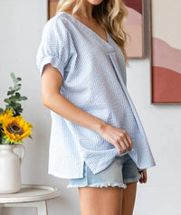 7Th Ray - Gingham V-neck Short Sleeve Blouse
