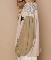 POL Glam Patches Contrast Long Sleeves Knit Top in beige multi - women's long sleeve top - alternate view