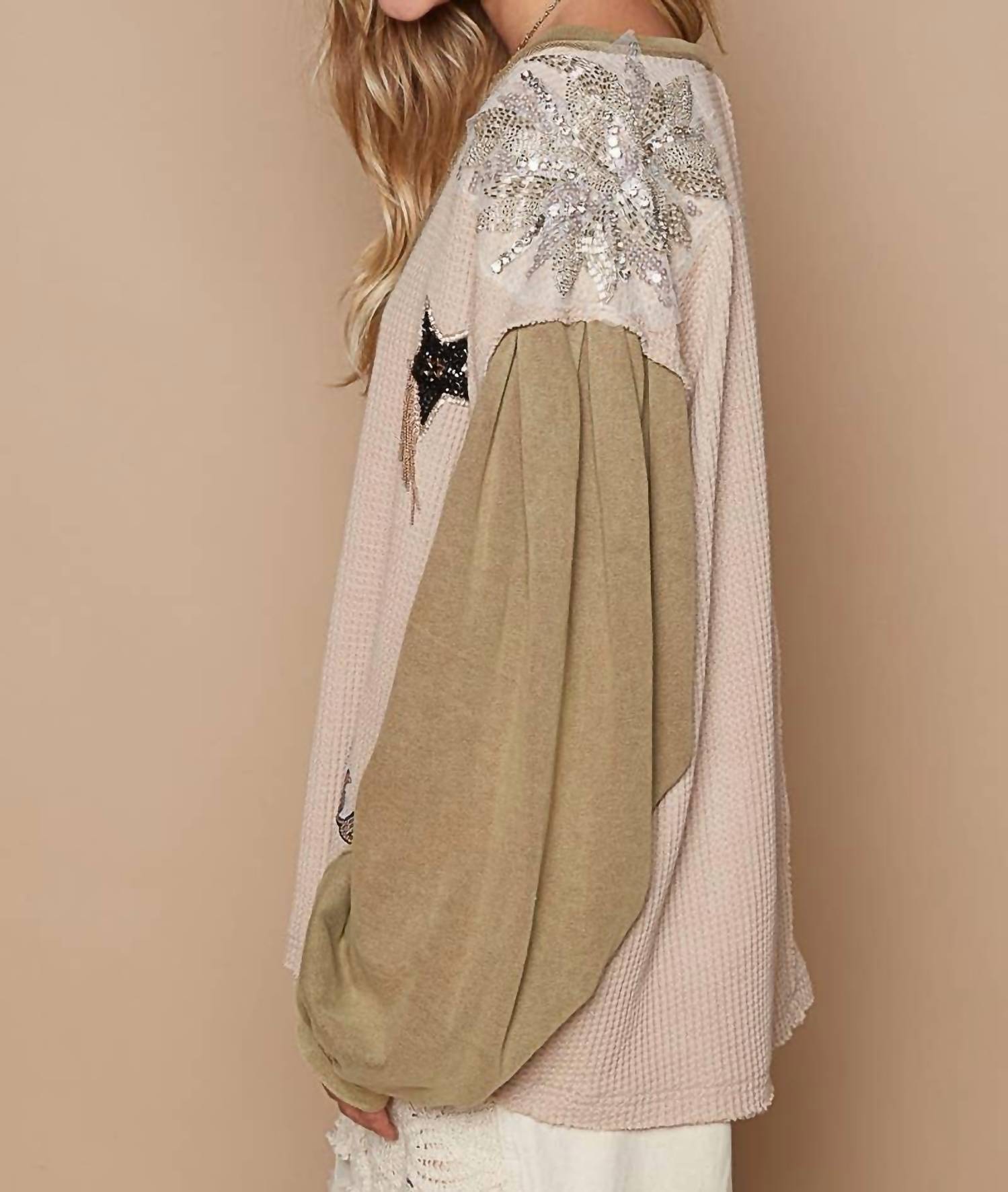 POL Glam Patches Contrast Long Sleeves Knit Top in beige multi - women's long sleeve top - alternate view