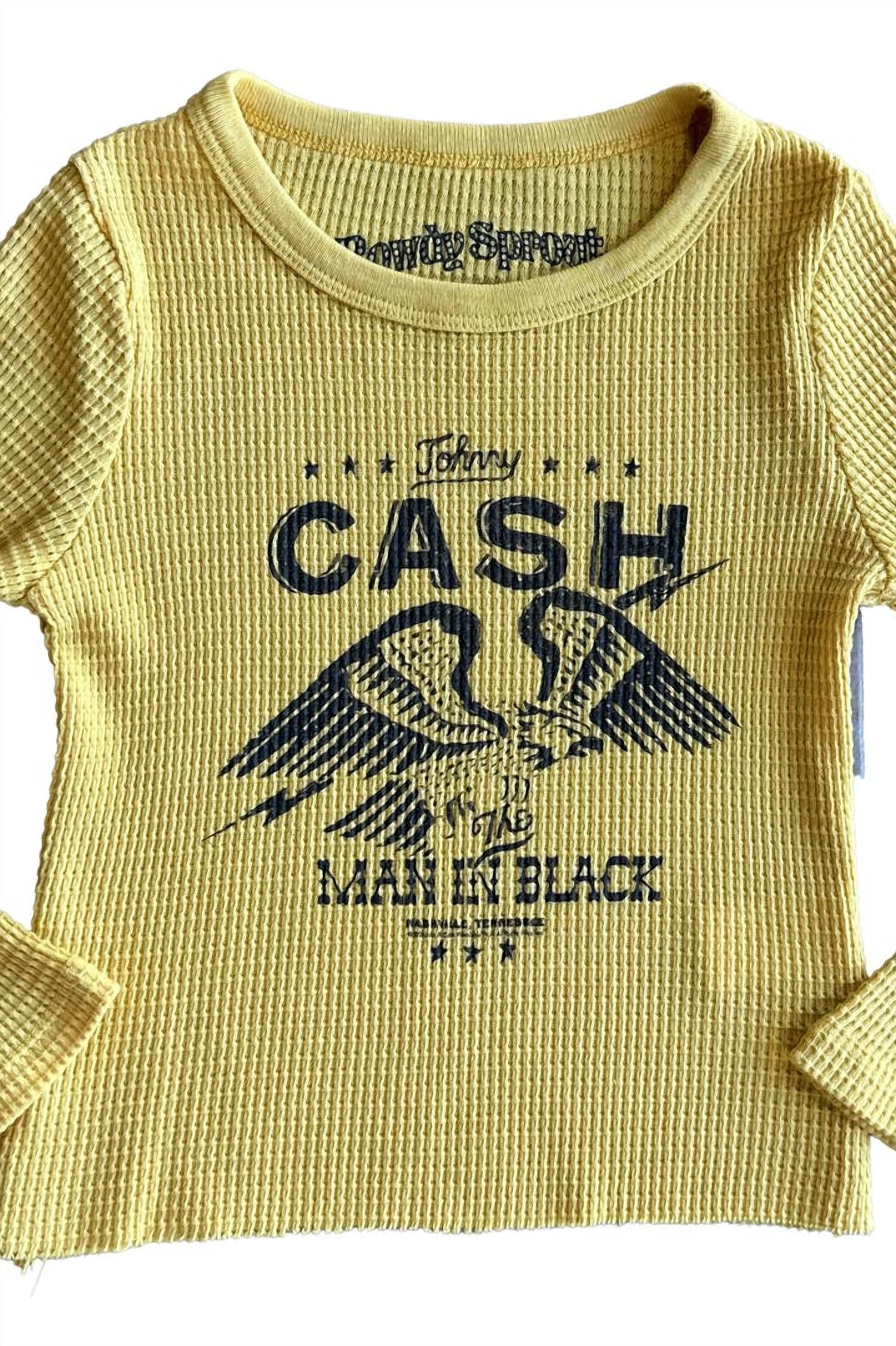 ROWDY SPROUT Kid's Johnny Cash Man Thermal Tee in black thermal tee in gold - kids' long sleeve top - detail view