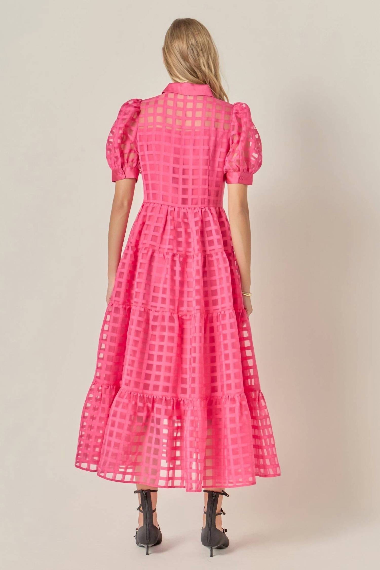 English Factory Gridded Organza Tiered Maxi Dress in coral - women's dress - detail view