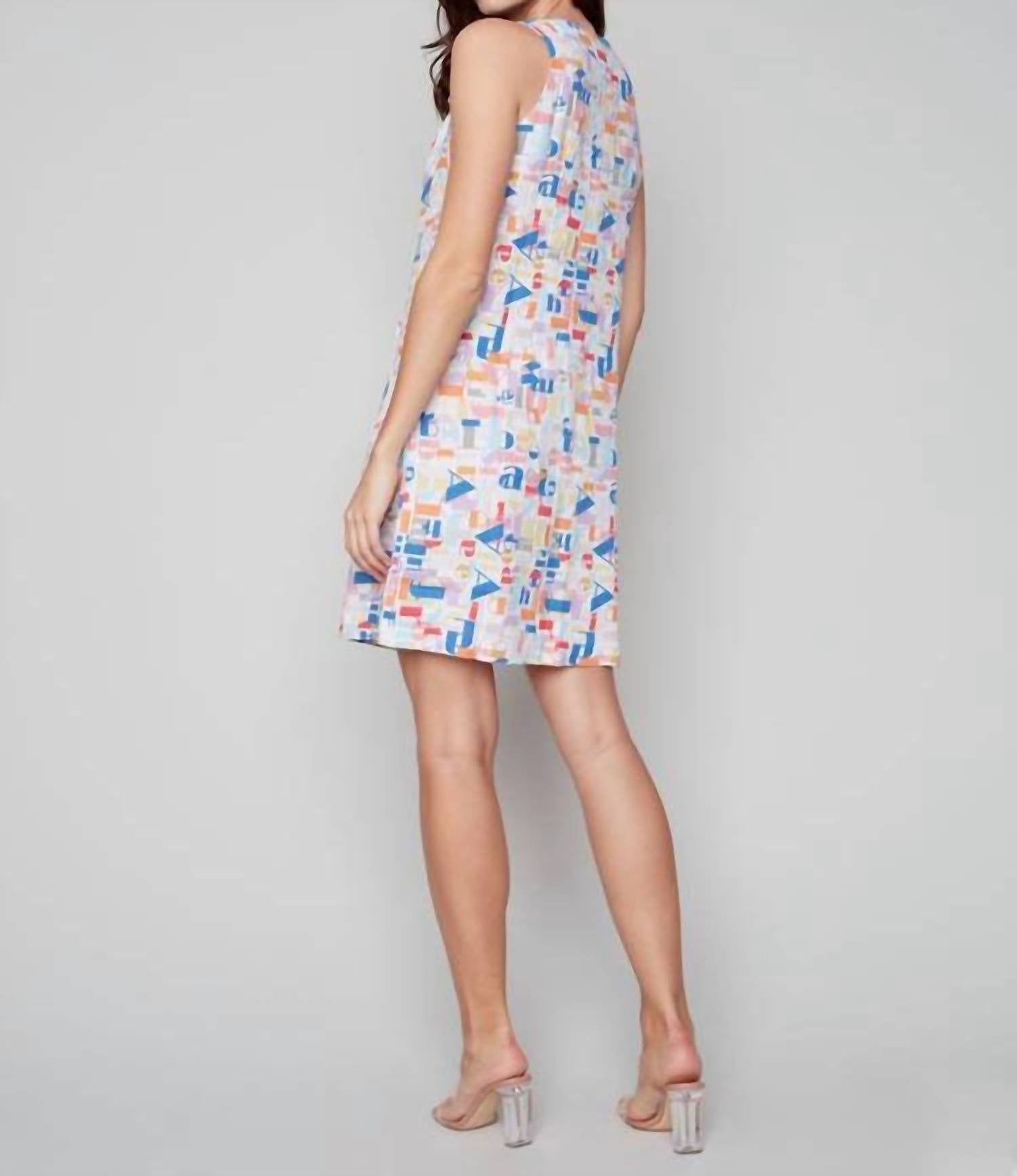 CHARLIE B Sleeveless V-neck Linen Mini Dress in letters - women's dress - alternate view