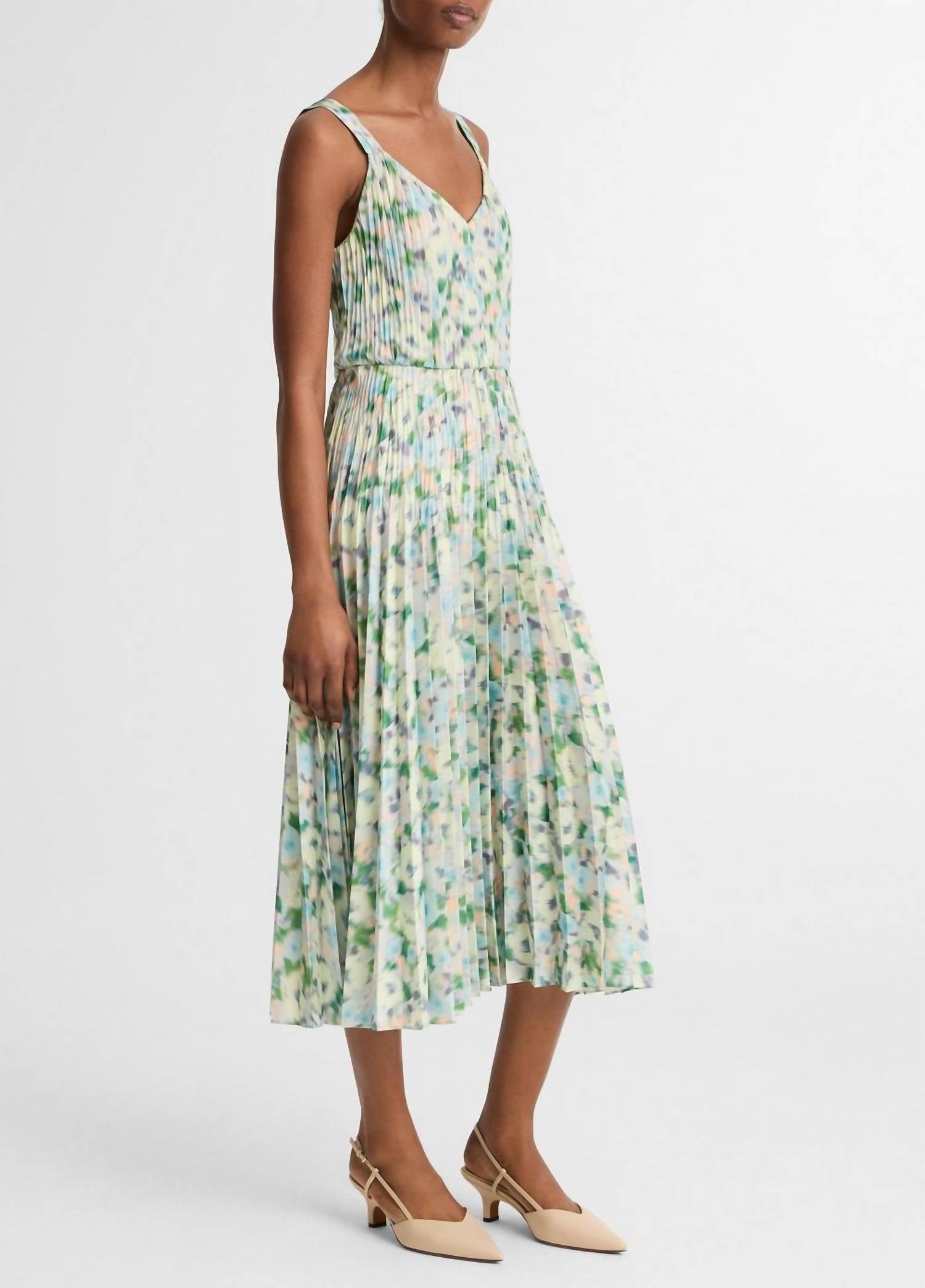 Vince - Painted Garden V-Neck Pleated Dress