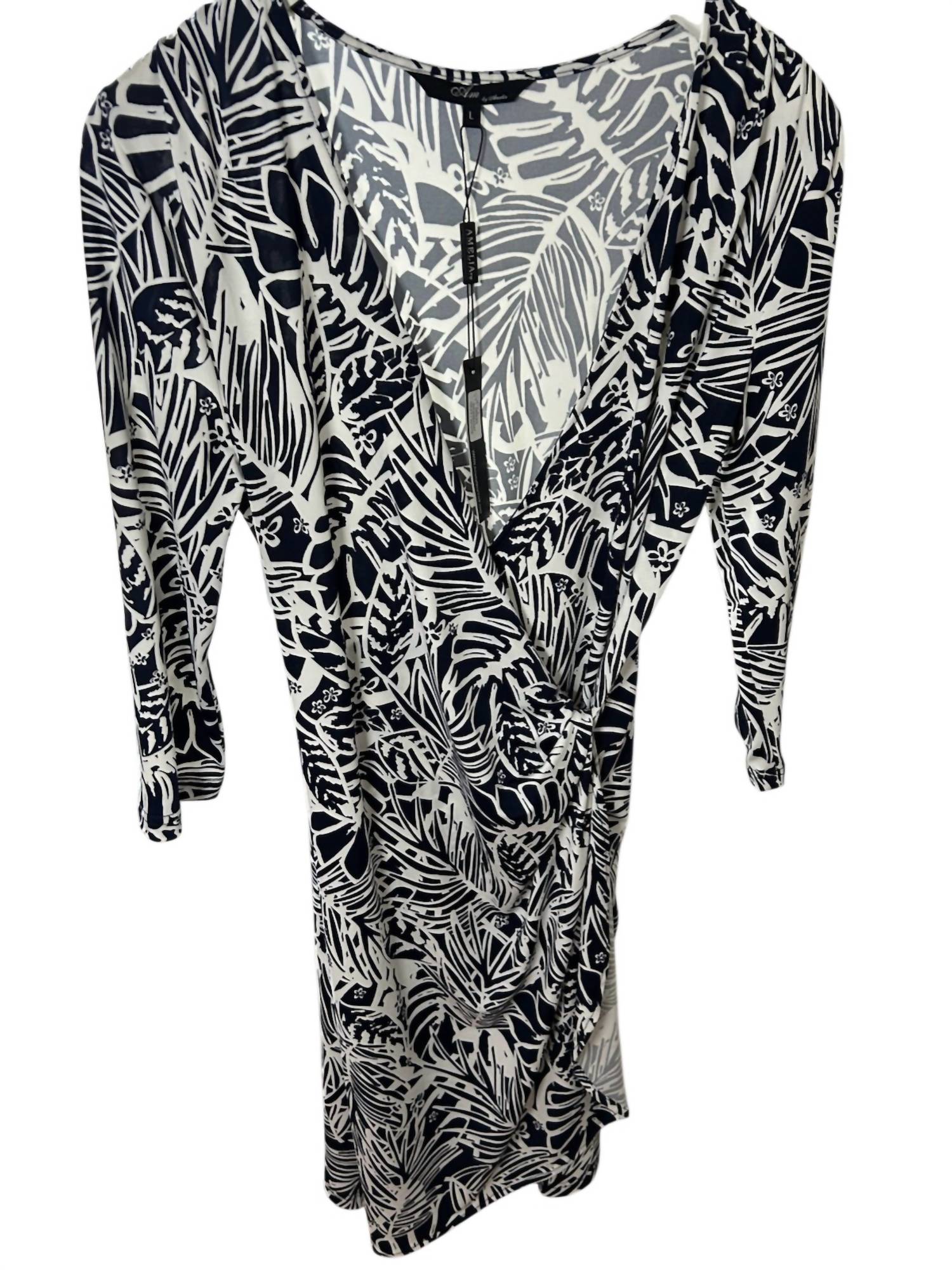 Amelia NY Women's Matte Jersey Dress in blue ivory print stretch - women's dress