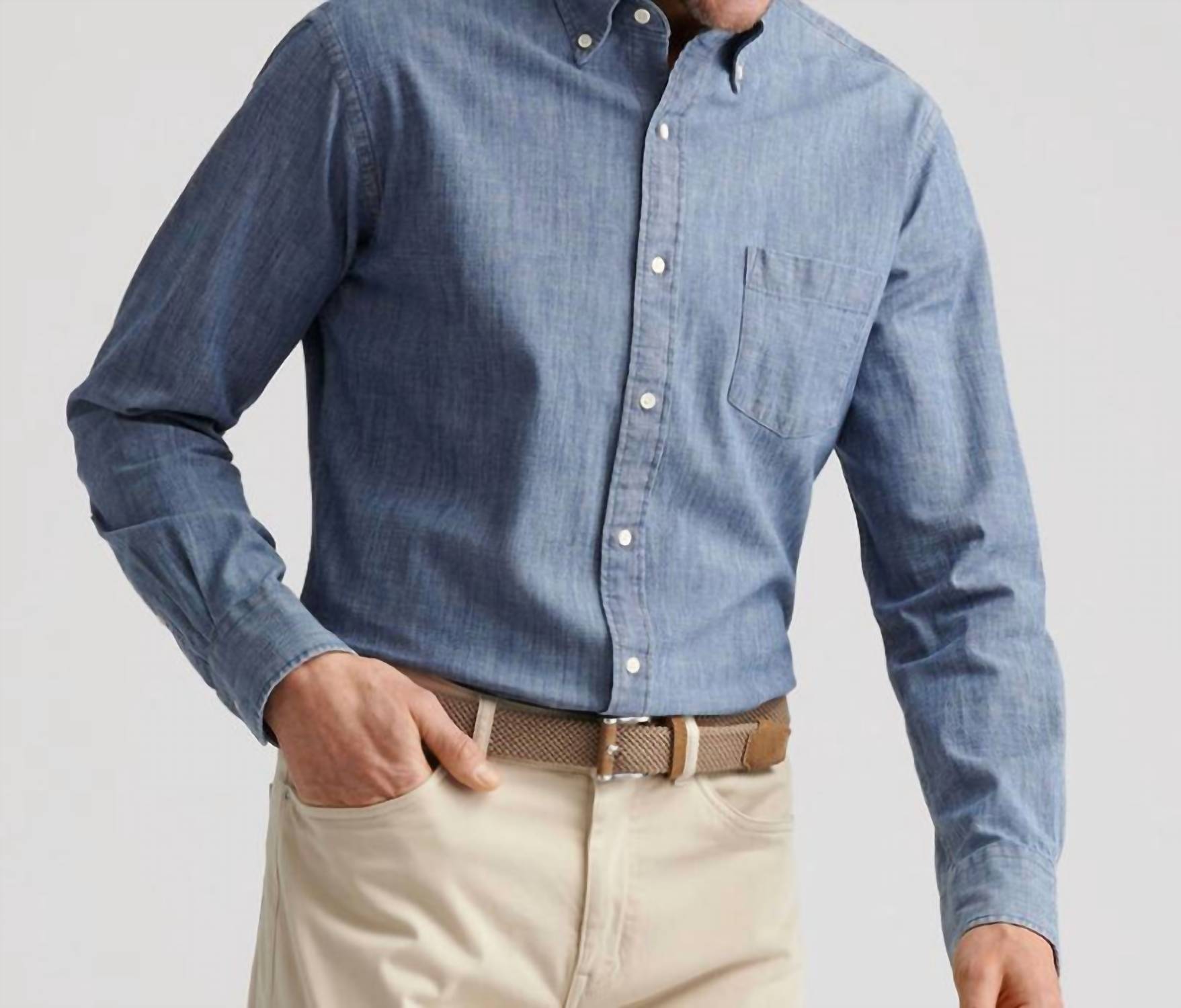 PETER MILLAR Tamworth Chambray Cotton-stretch Sport Shirt in indigo - men's shirt - detail view