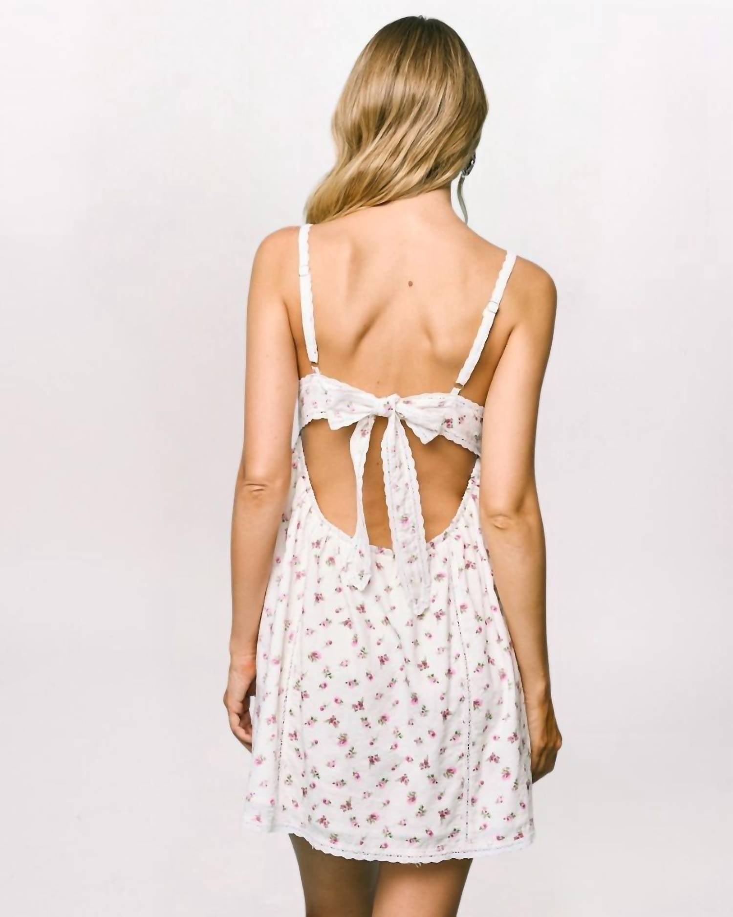 Rowan Ditsy Button Front Mini Dress in white baby pink floral - women's dress - detail view