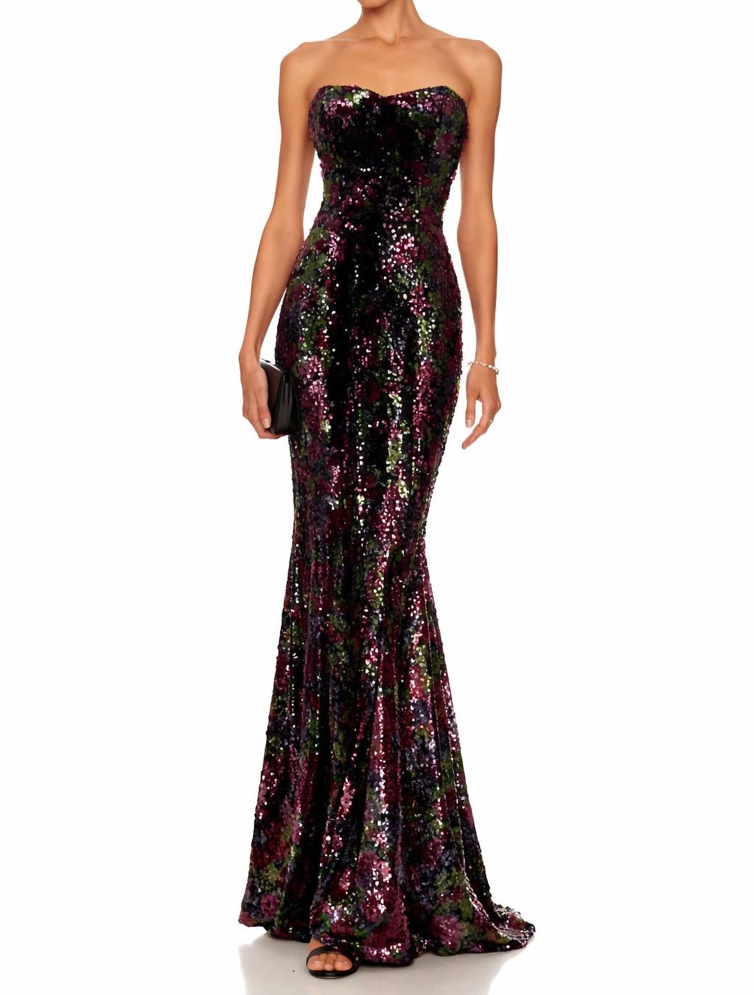 DRESS THE POPULATION Sheridan Floral Sequin Sweetheart Gown in black - women's dress