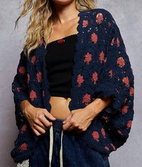 POL Floral Crochet Cardigan in navy - women's cardigan