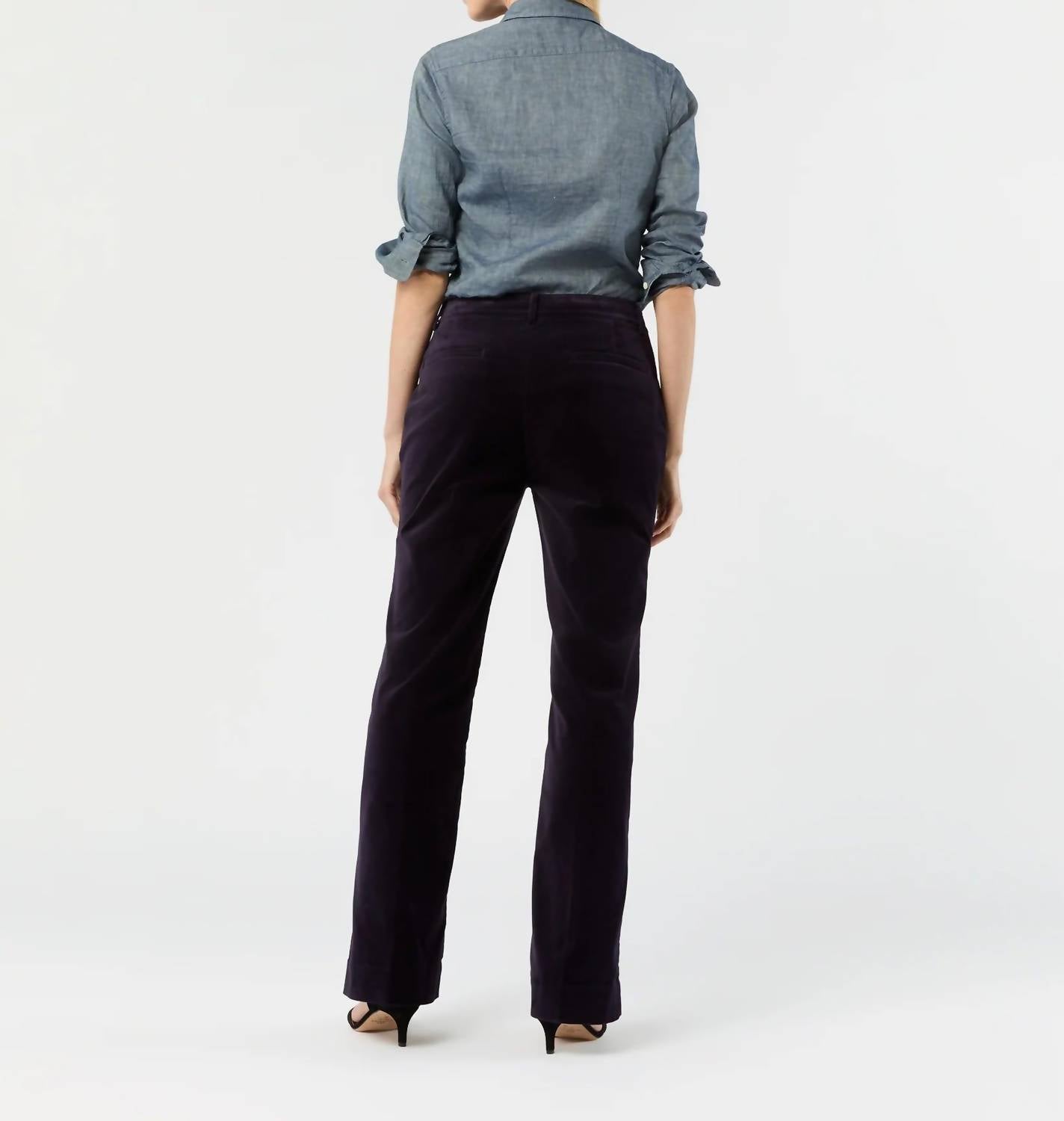 Ann Mashburn Lindy Straight Trouser in eggplant stretch velveteen - women's pants - detail view