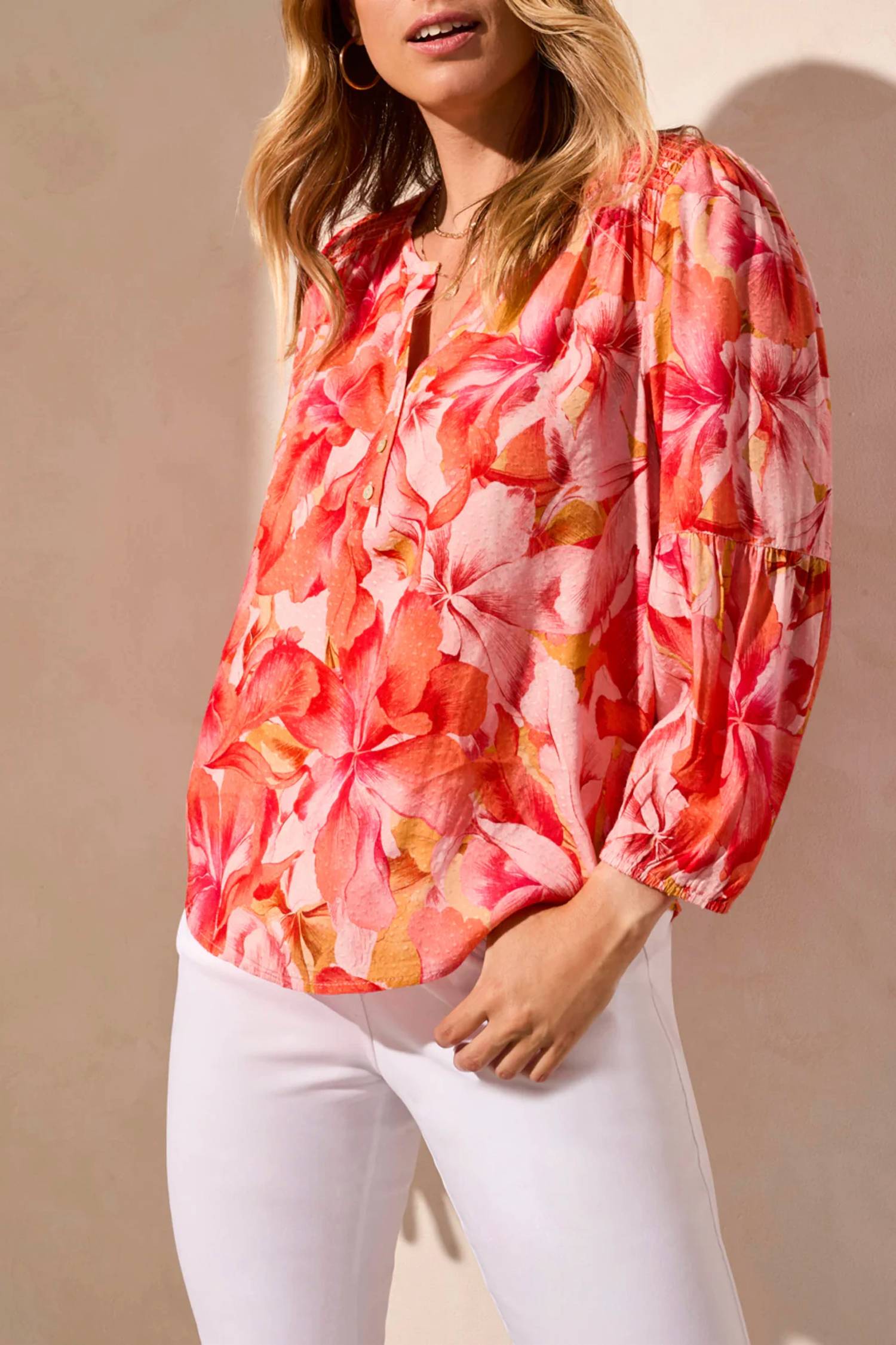 Tribal - 3/4 Sleeve Blouse with Smocked Yoke