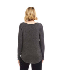 Karen Kane Long Sleeve Metallic Stripe Shirttail Top in black with silver - women's blouse - detail view