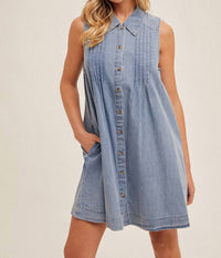 Hem & Thread - Pleat Detail Collared Button Down Tencel Swing Dress
