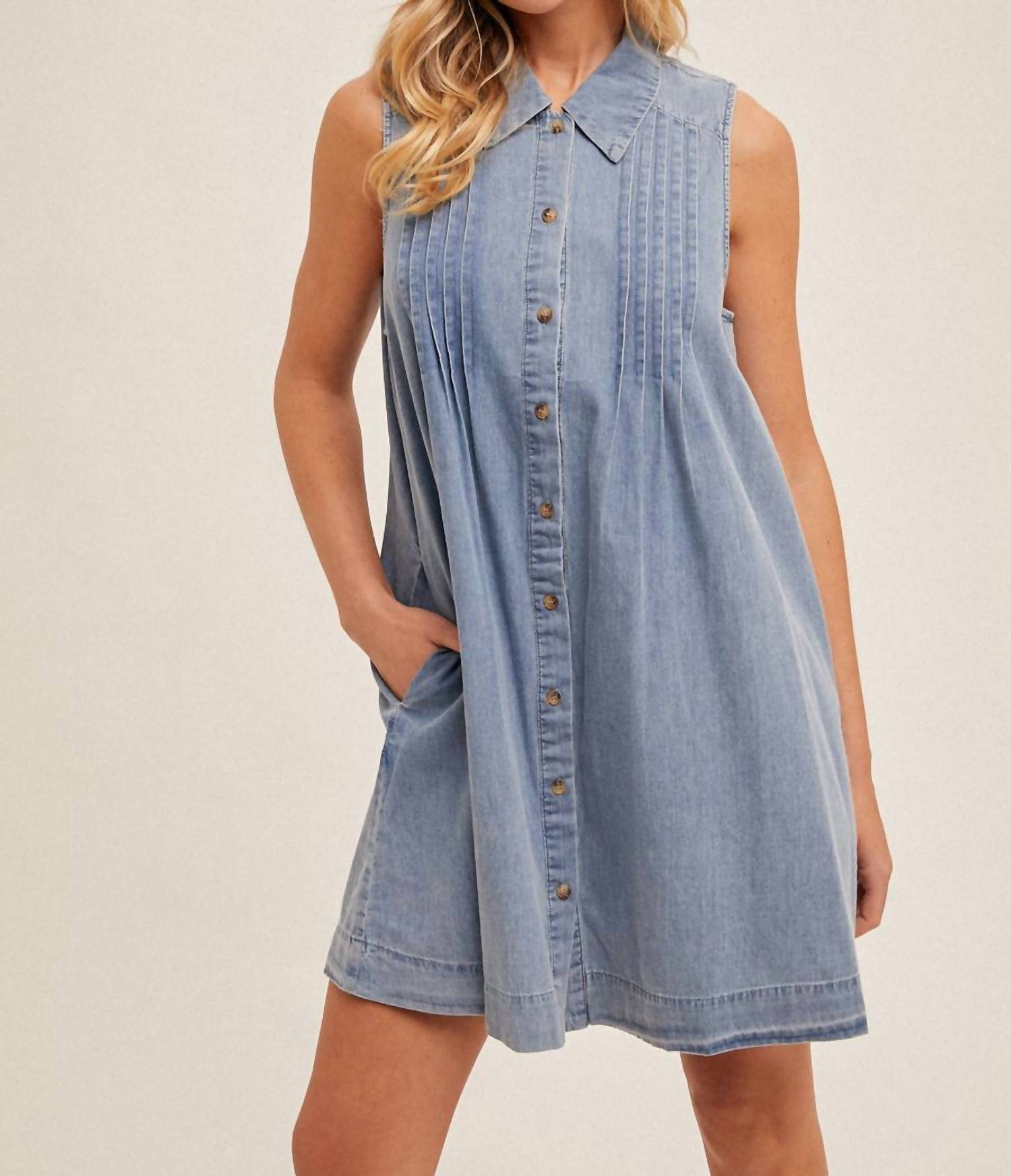 Hem & Thread - Pleat Detail Collared Button Down Tencel Swing Dress