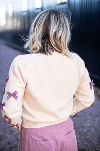 So Me Women's Plaid Bow Sleeve Sweater in oatmeal - women's sweater - detail view