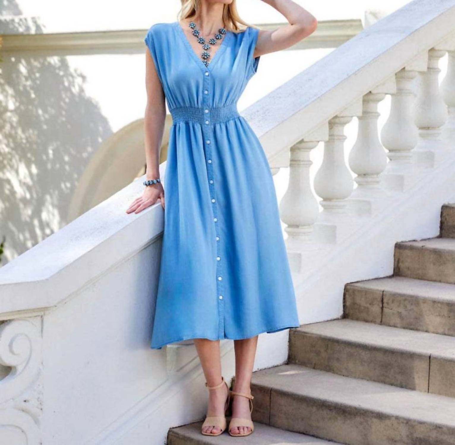 Karen Kane - Cap Sleeve Smocked Waist Button-Up Midi Dress