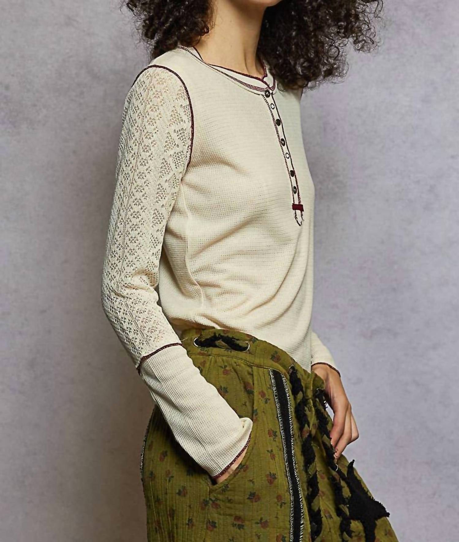 Pol - Round Neck Solid Cut Sew Knit Mix Top