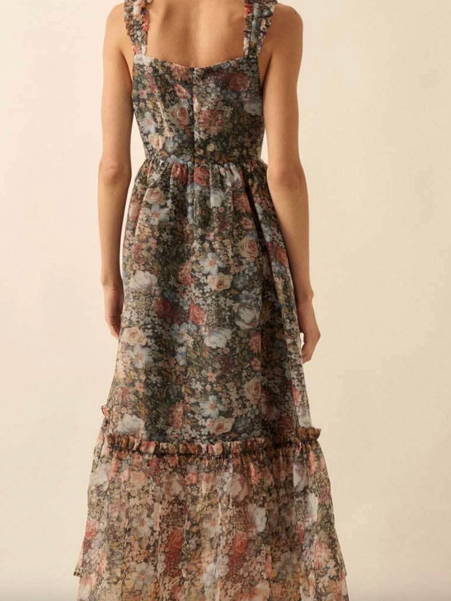 Promesa - Floral Organza Ruffled Fit-and-Flare Maxi Dress