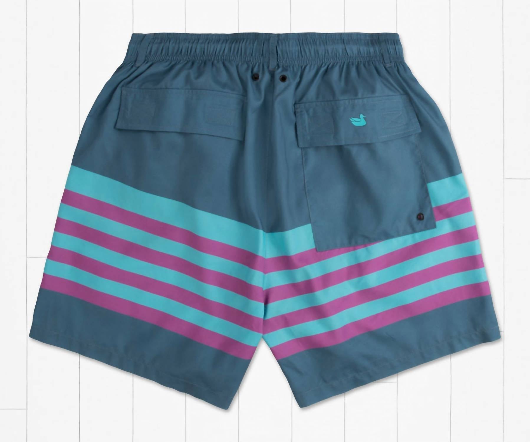 Southern Marsh Men's Barcelona Lines Harbor Trunks in slate and teal - men's swimwear - detail view